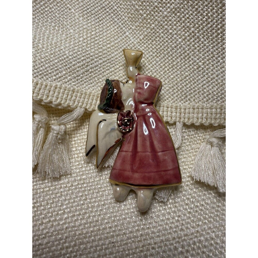Handmade Vintage Ceramic Dress Brooch – Pink Hat &‎ Rose Pin – 3” Figurine Art